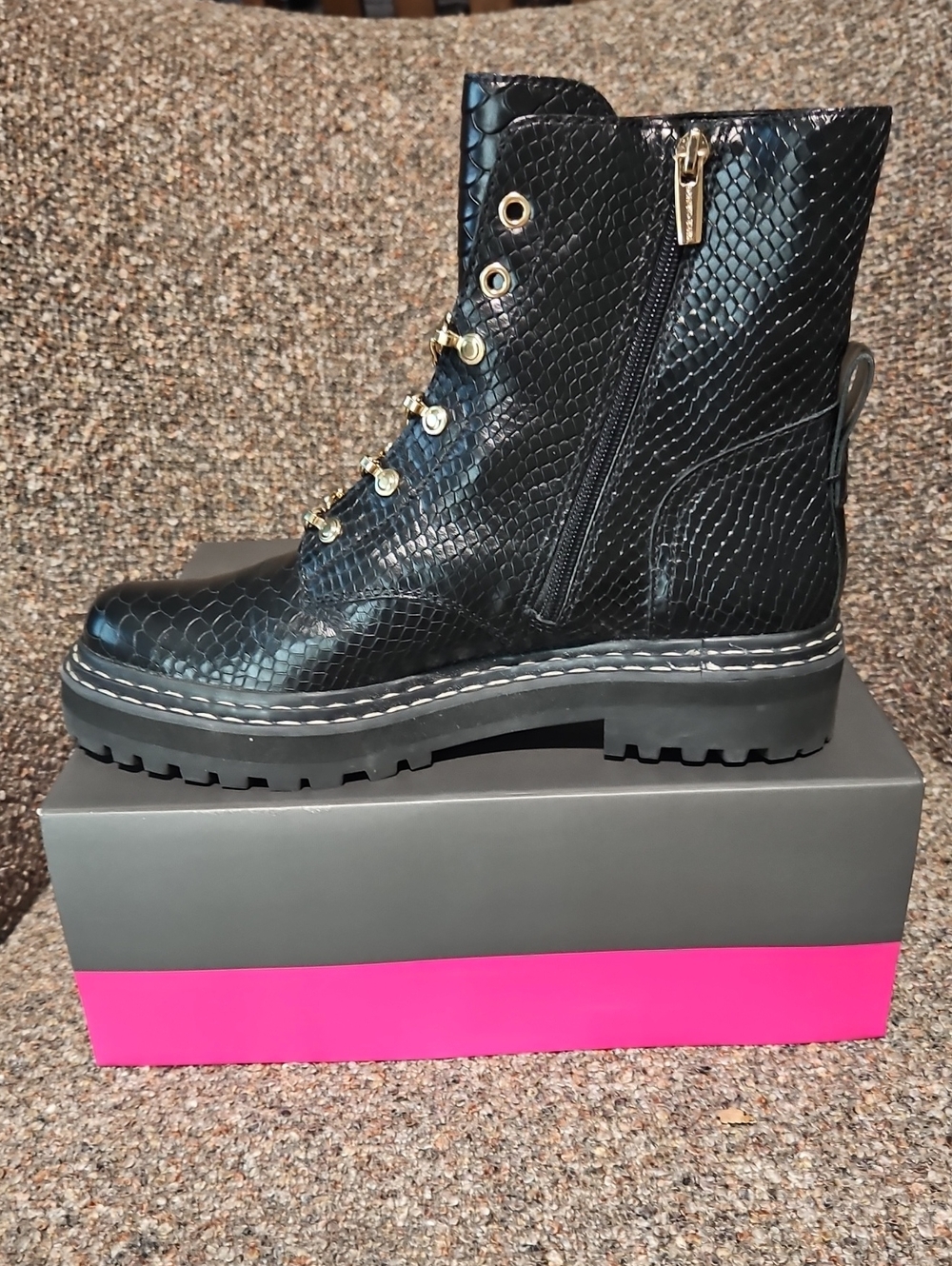 Vince Camuto Black Faux-Snakeskin Combat Boot with Gold Hardware